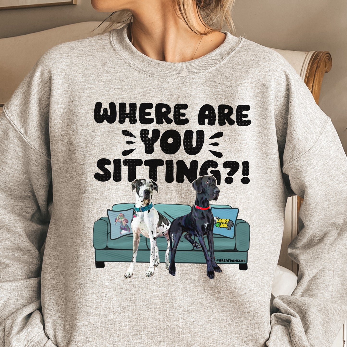 Where are YOU Sitting?! Larry & Joe Great Dane Sweatshirt