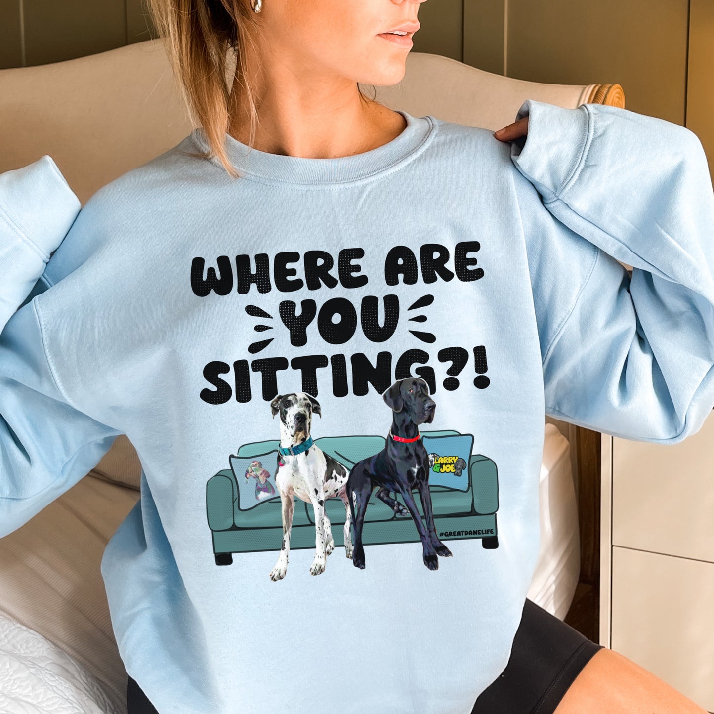 Where are YOU Sitting?! Larry & Joe Great Dane Sweatshirt