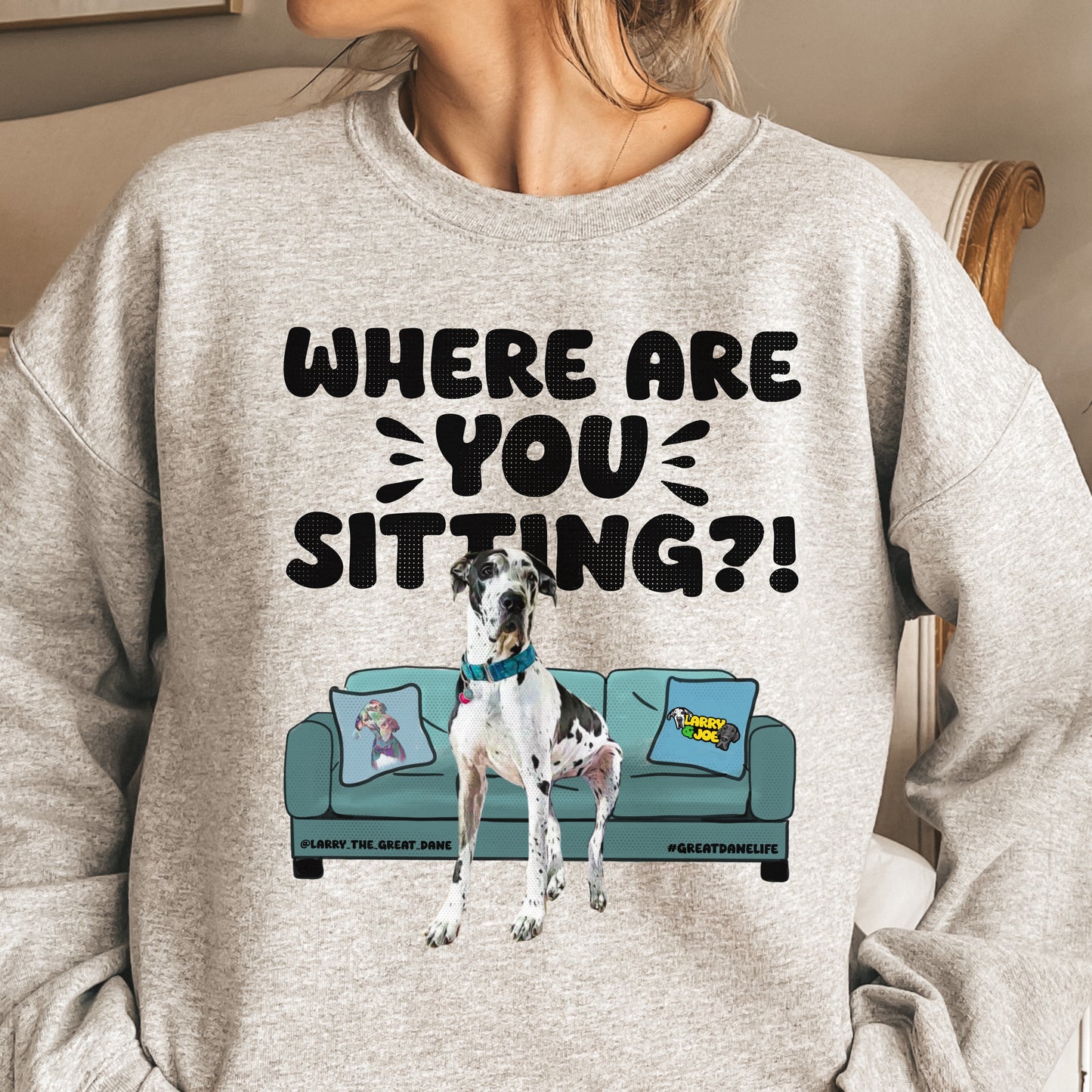 Where are YOU Sitting?! Larry Great Dane Sweatshirt